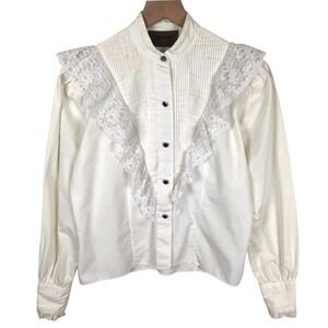 VTG ROPER Rustic Western Lace Ruffle Pleated Bib Blouse Women's S Off White Top